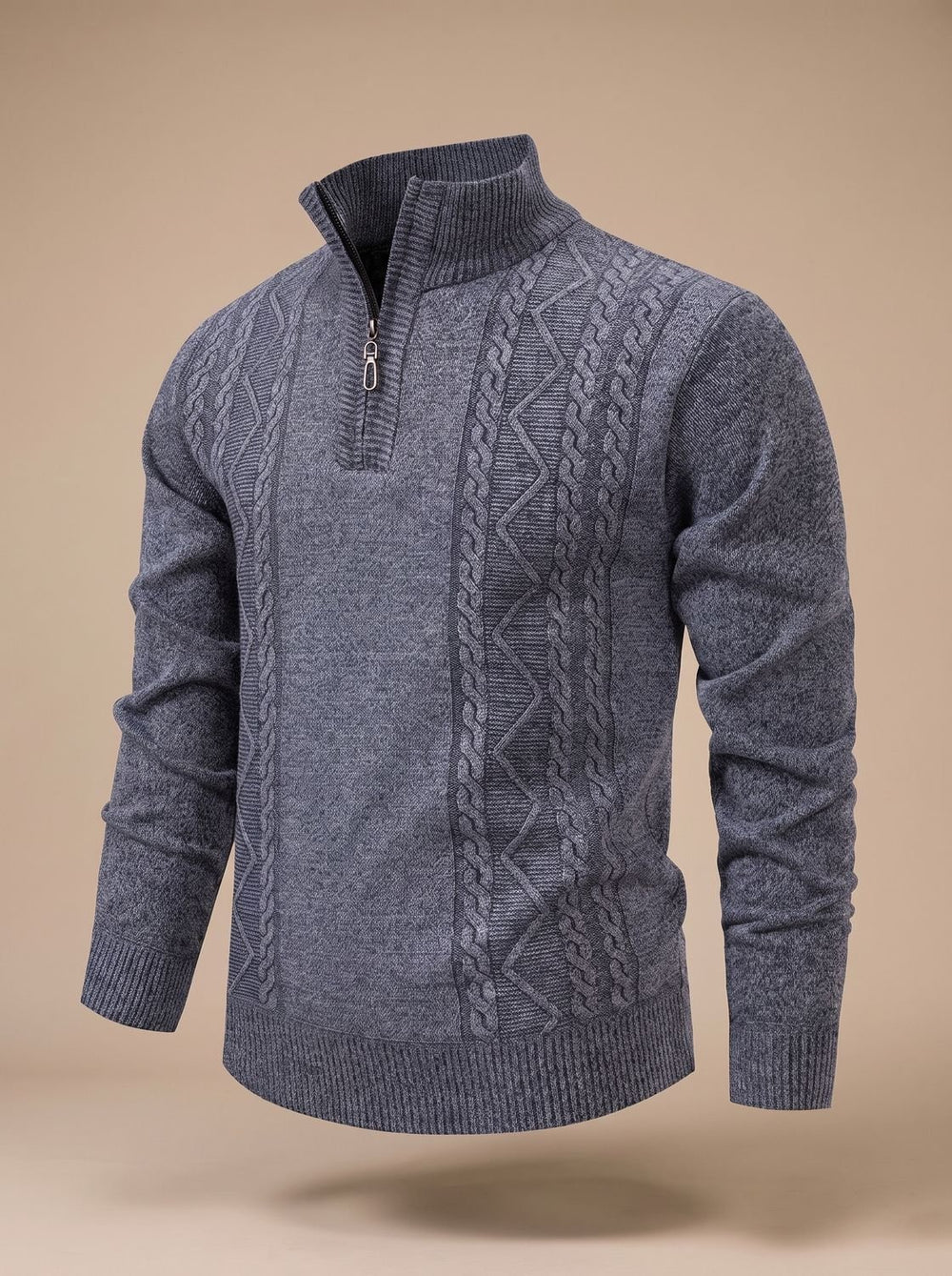 Herren Strickpullover mit Halbzip Stehkragen Zopfmuster