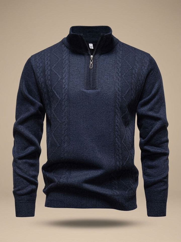 Herren Strickpullover mit Halbzip Stehkragen Zopfmuster