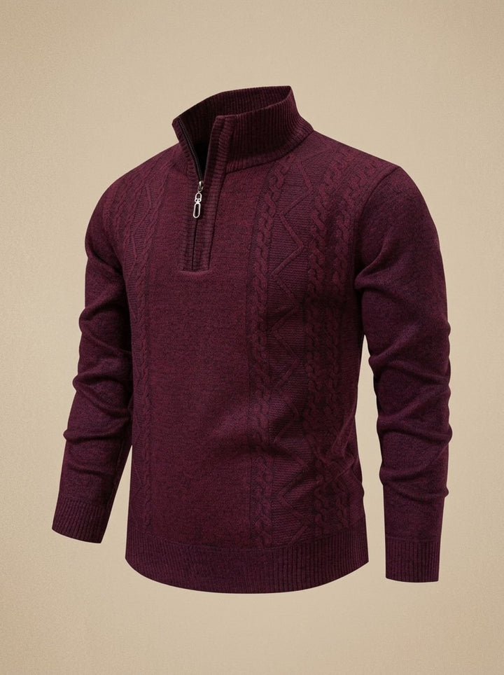 Herren Strickpullover mit Halbzip Stehkragen Zopfmuster