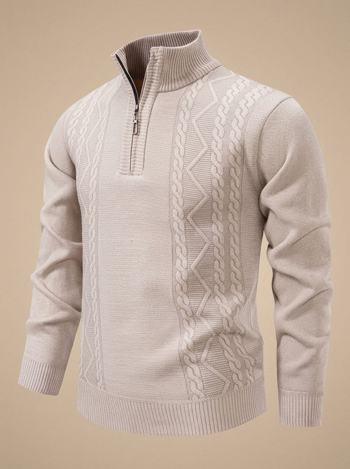 Herren Strickpullover mit Halbzip Stehkragen Zopfmuster