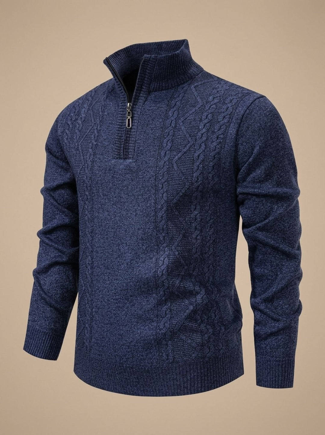 Herren Strickpullover mit Halbzip Stehkragen Zopfmuster