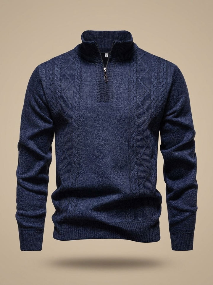 Herren Strickpullover mit Halbzip Stehkragen Zopfmuster - Dunkelgrau