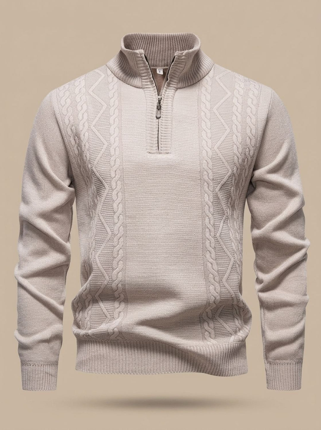 Herren Strickpullover mit Halbzip Stehkragen Zopfmuster - Beige