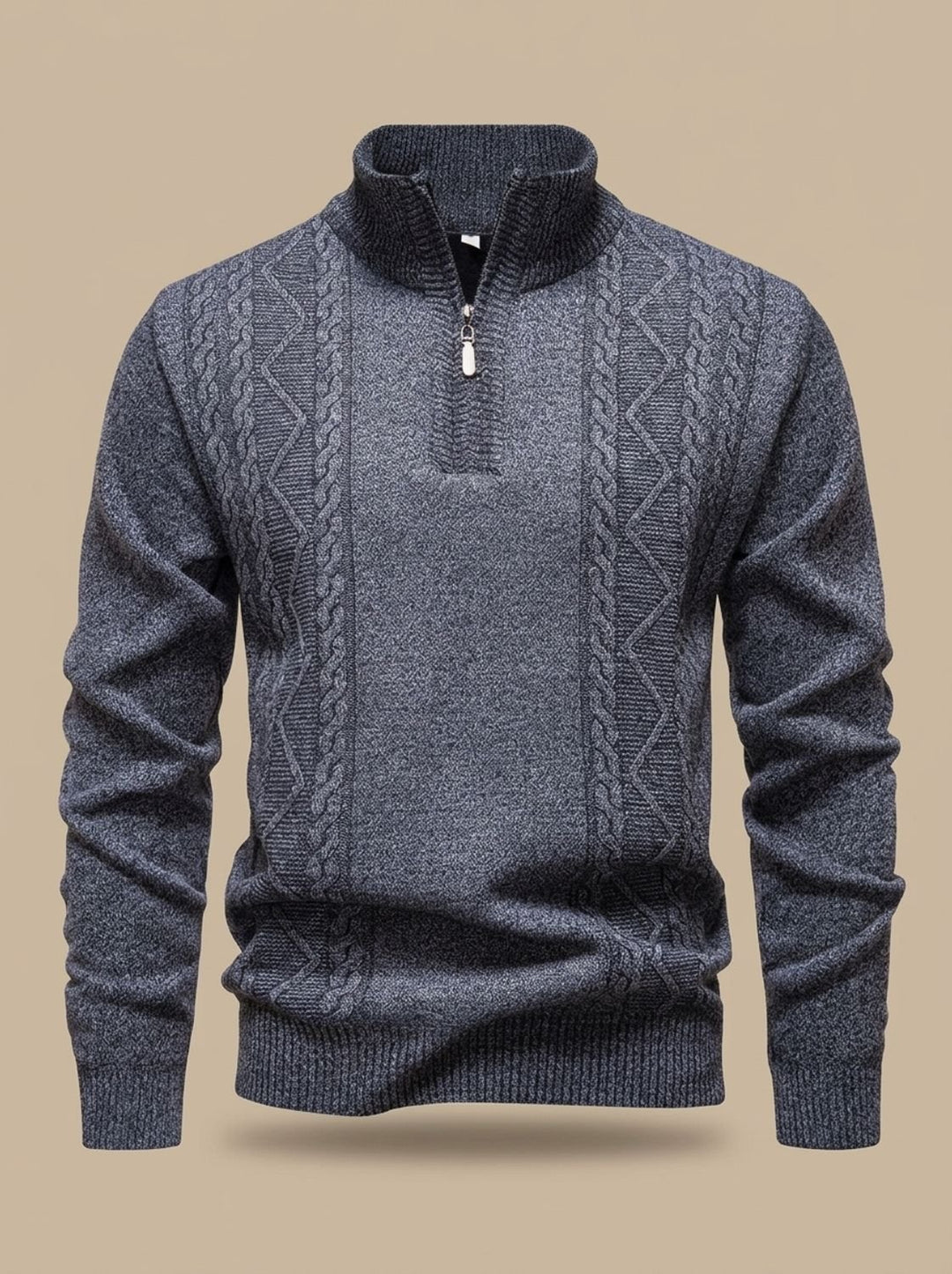 Herren Strickpullover mit Halbzip Stehkragen Zopfmuster - Hellgrau