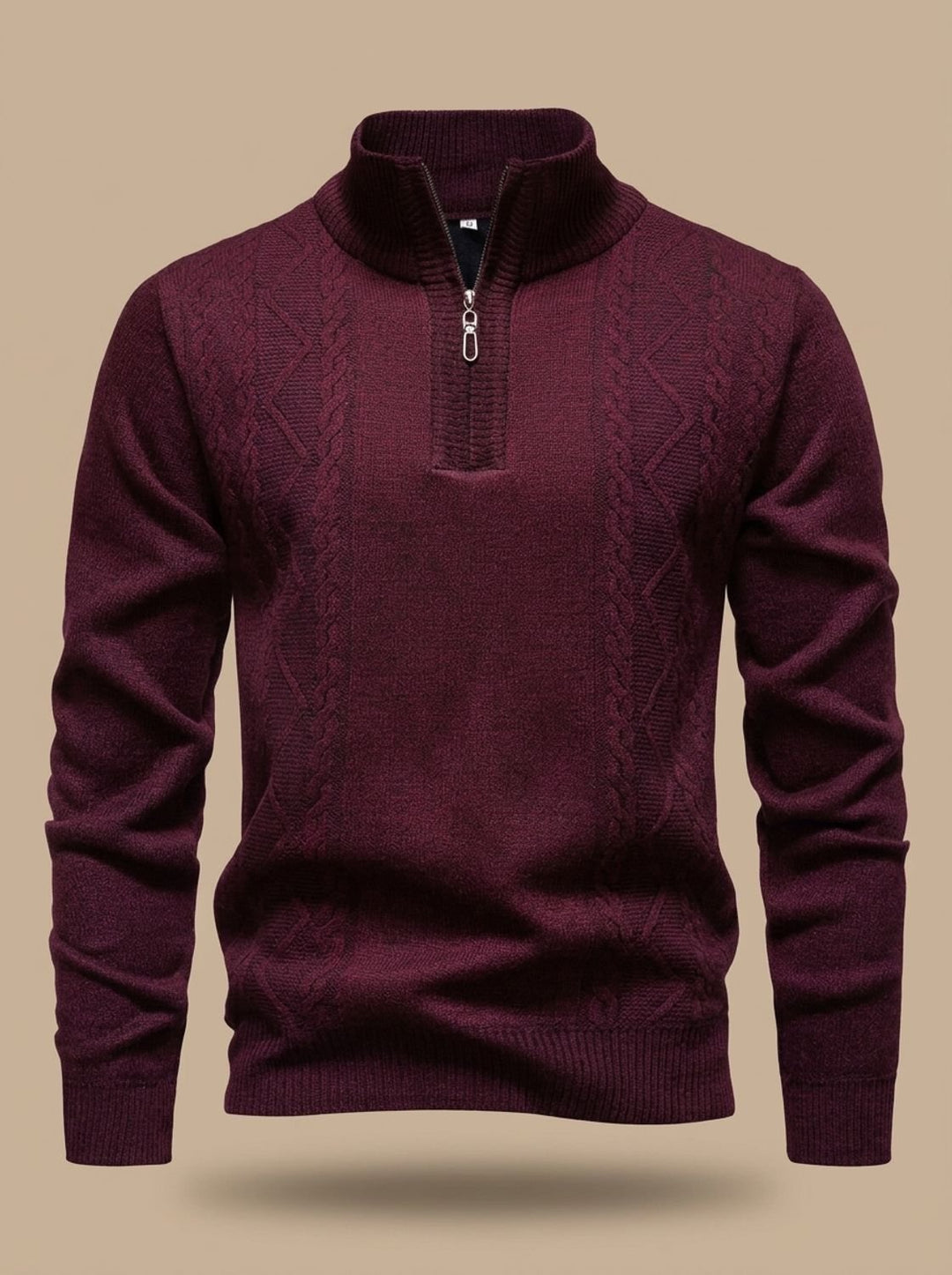 Herren Strickpullover mit Halbzip Stehkragen Zopfmuster - Bordeaux
