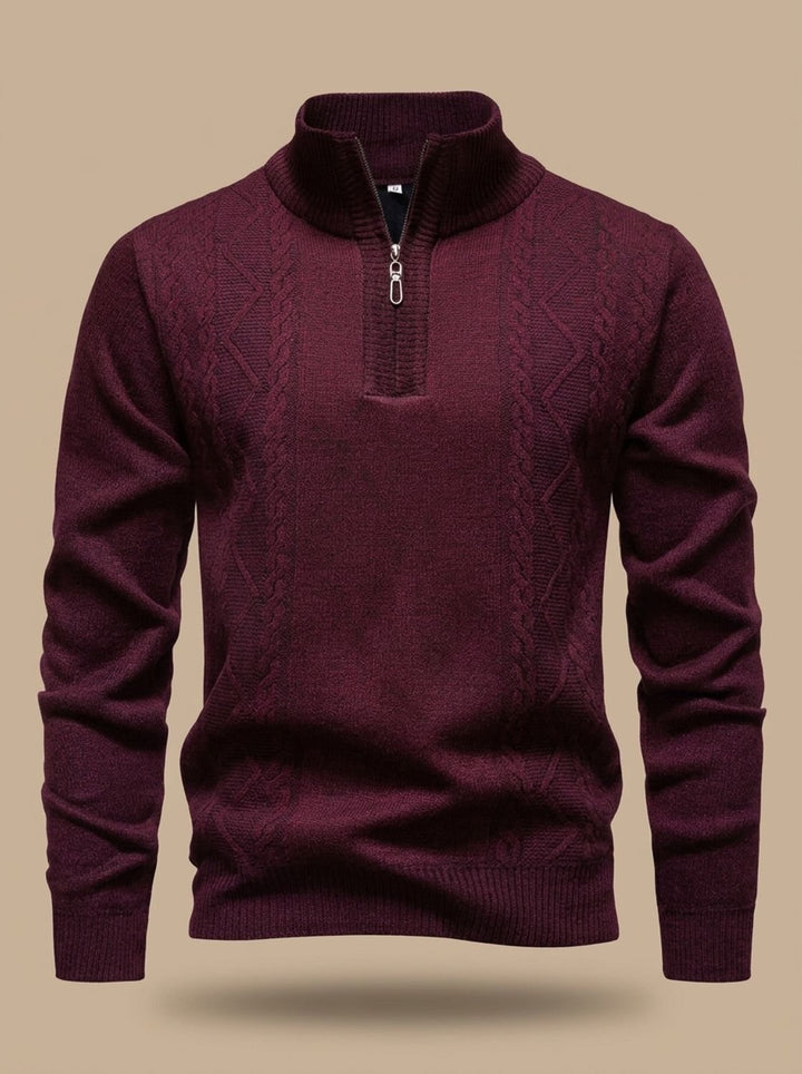 Herren Strickpullover mit Halbzip Stehkragen Zopfmuster - Bordeaux