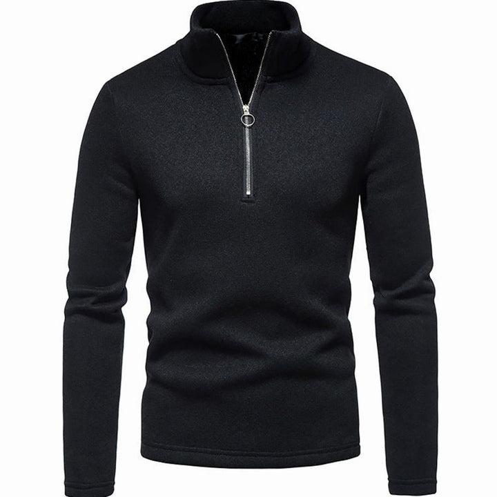 Herren Strickpullover mit kurzem Reißverschluss Stehkragen Regular Fit - Schwarz