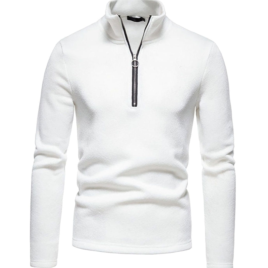Herren Strickpullover mit kurzem Reißverschluss Stehkragen Regular Fit - Weiß