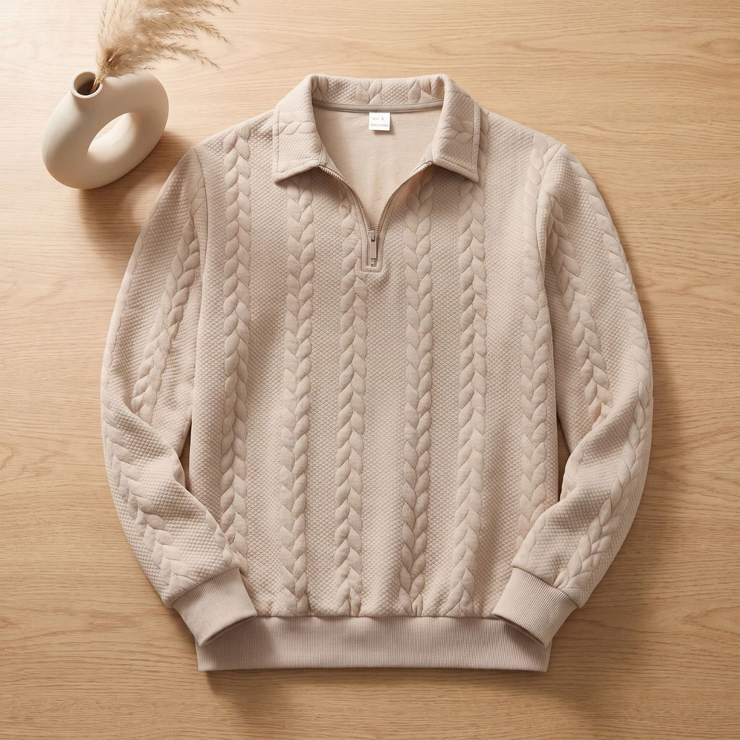 Herren Strickpullover mit Zopfmuster Quarter-Zip Polokragen - Beige