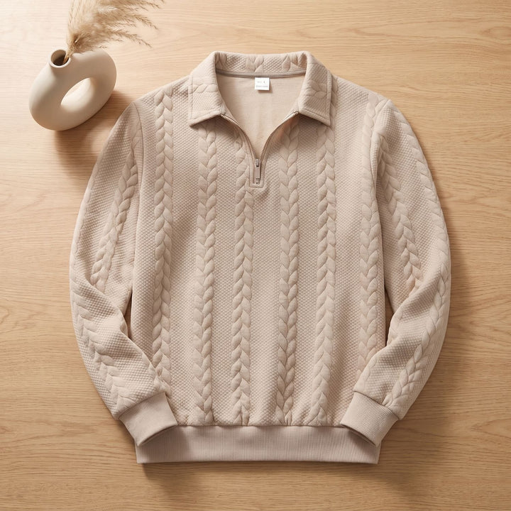 Herren Strickpullover mit Zopfmuster Quarter-Zip Polokragen - Beige