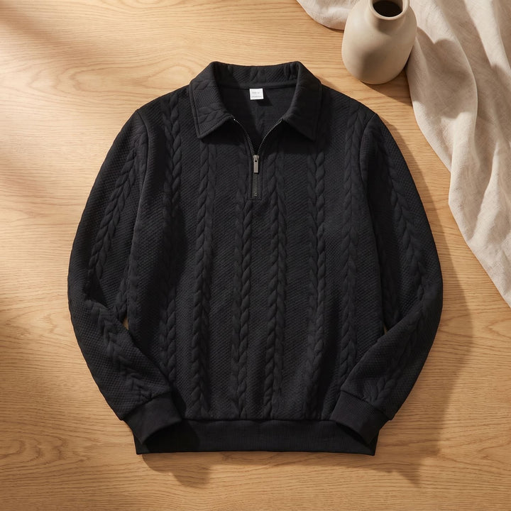 Herren Strickpullover mit Zopfmuster Quarter-Zip Polokragen - Schwarz