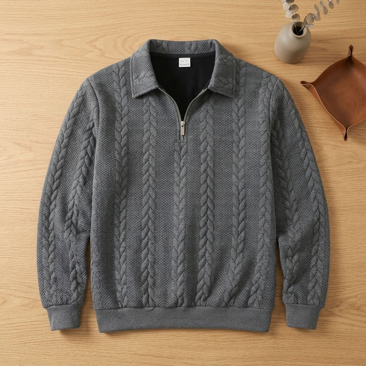 Herren Strickpullover mit Zopfmuster Quarter-Zip Polokragen - Grau