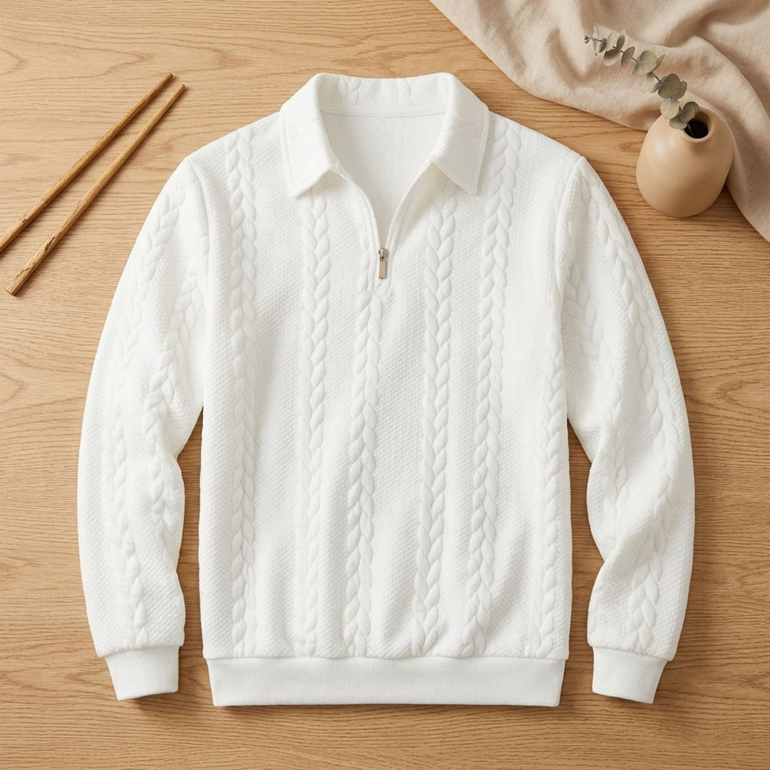 Herren Strickpullover mit Zopfmuster Quarter-Zip Polokragen - Weiß