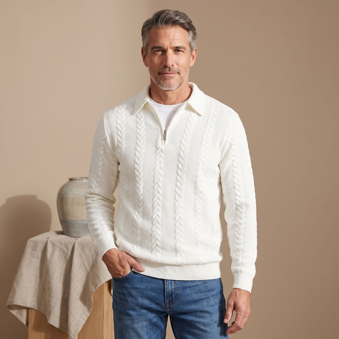 Herren Strickpullover mit Zopfmuster Quarter-Zip Polokragen