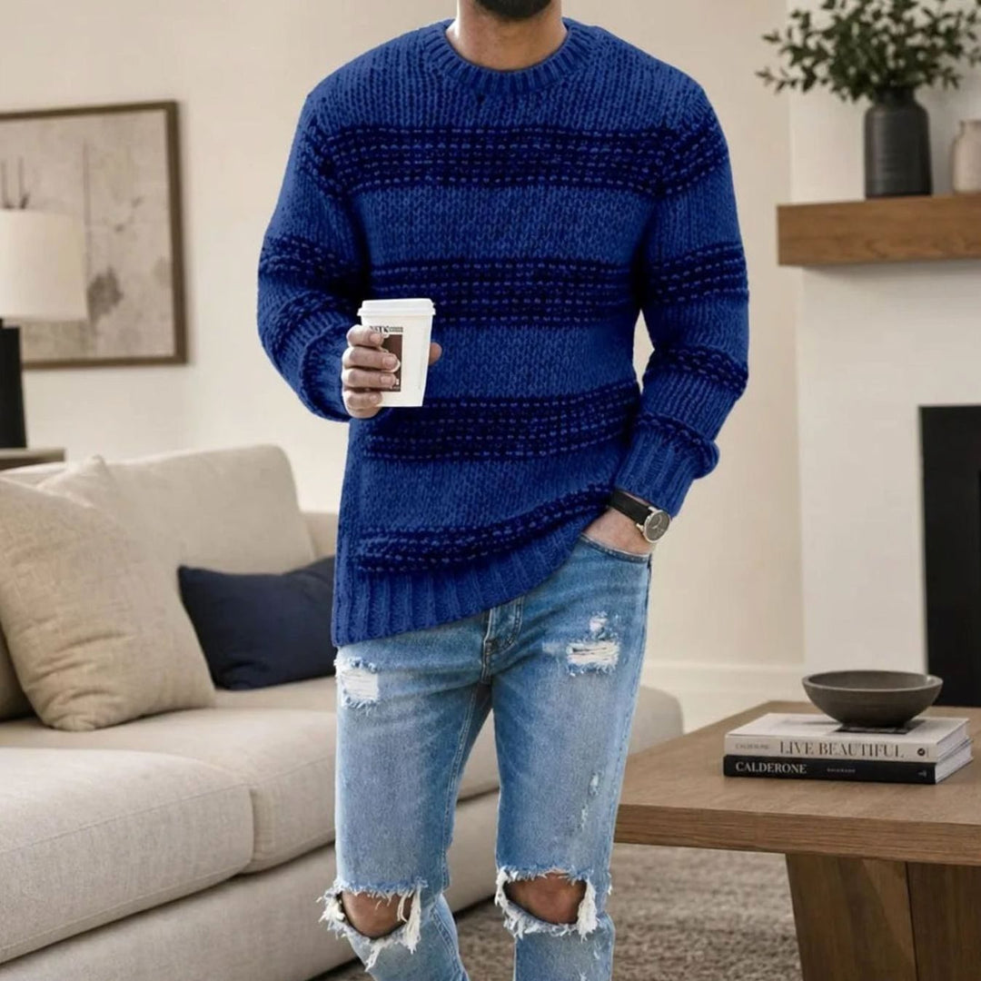 Herren Strukturierter Rundhals Strickpullover mit Streifenmuster, Blue - Blau