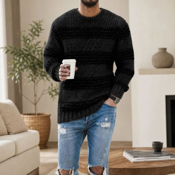 Herren Strukturierter Rundhals Strickpullover mit Streifenmuster, Blue - Schwarz