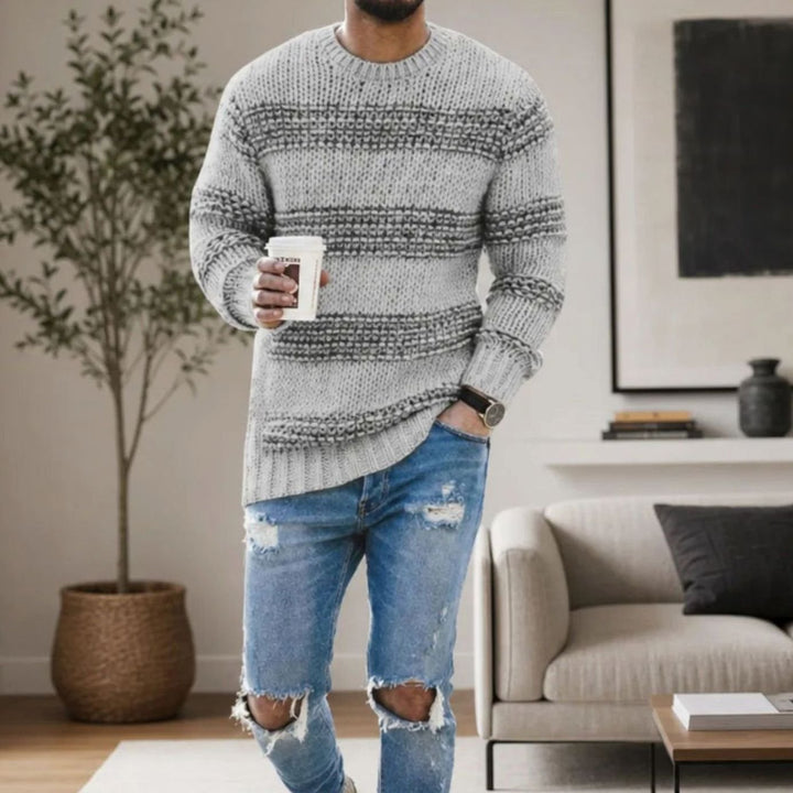 Herren Strukturierter Rundhals Strickpullover mit Streifenmuster, Blue - Grau