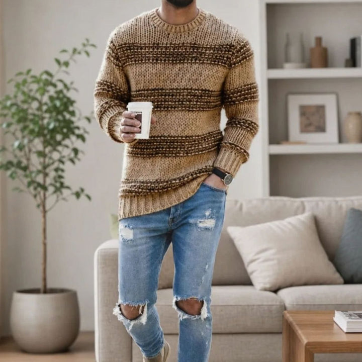Herren Strukturierter Rundhals Strickpullover mit Streifenmuster, Blue - Khaki
