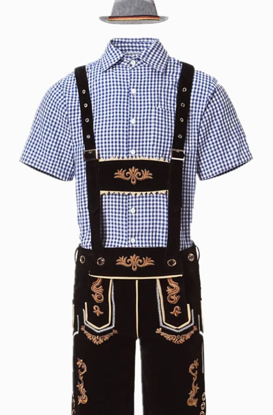 Herren Trachten-Komplettset Lederhose Kurzarmhemd Filzhut Oktoberfest - Schwarz/Blau-kariert (goldene Stickerei)