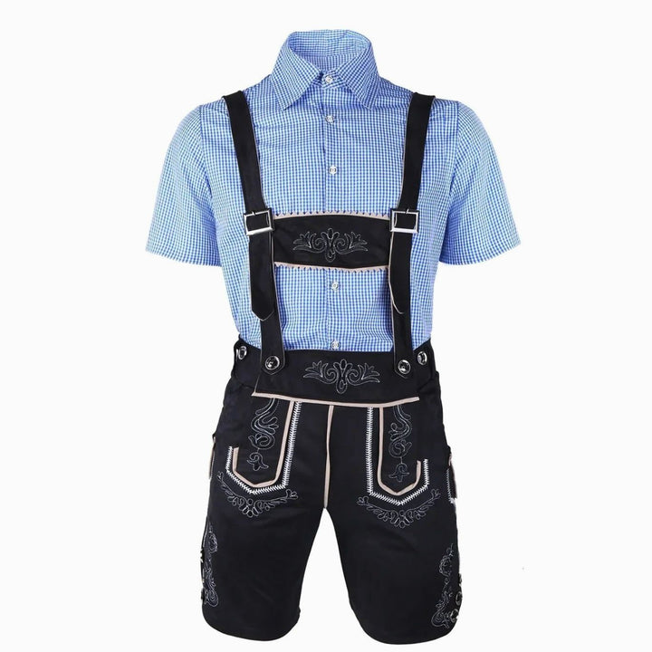 Herren Trachten-Komplettset Lederhose Kurzarmhemd Filzhut Oktoberfest - Schwarz/Blau-kariert (alternative Stickerei)