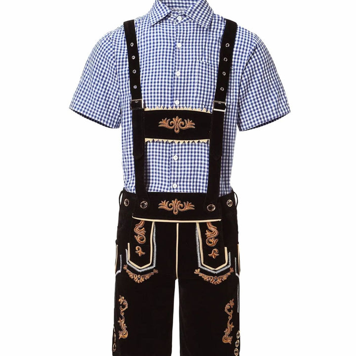 Herren Trachten-Komplettset Lederhose Kurzarmhemd Filzhut Oktoberfest - Schwarz/Blau-kariert (goldene Stickerei, alternative Passform)