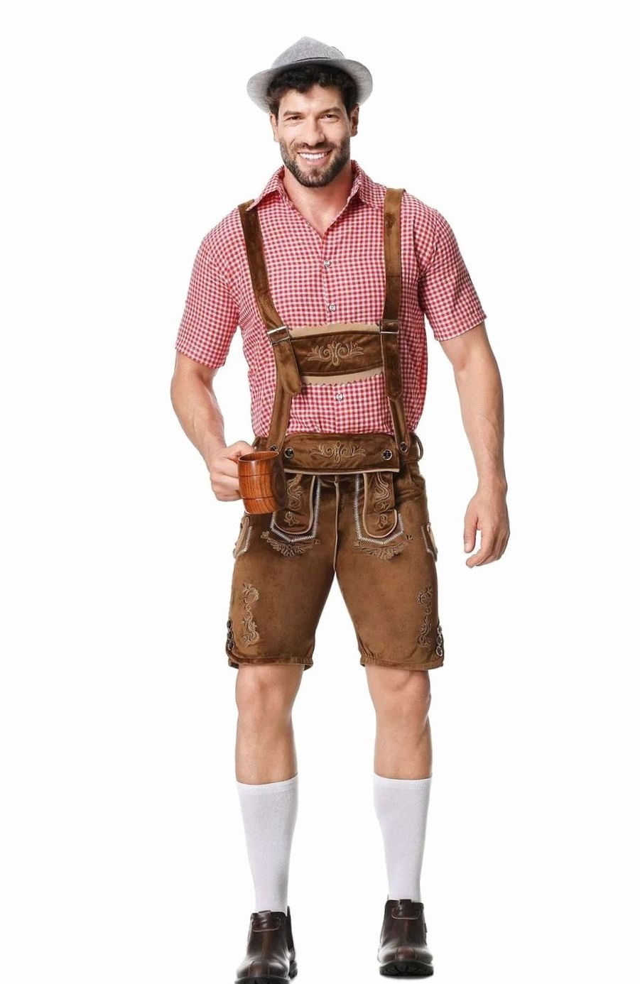 Herren Trachten-Komplettset Lederhose Kurzarmhemd Filzhut Oktoberfest