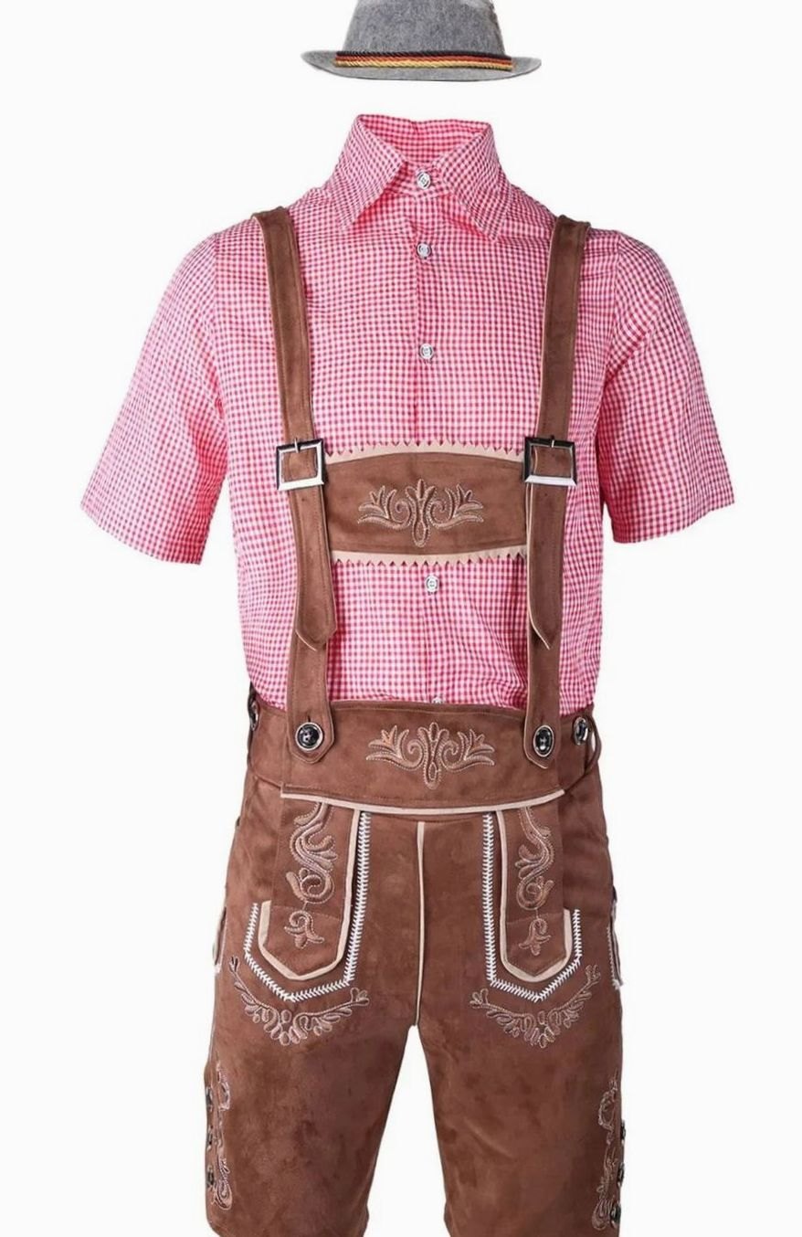 Herren Trachten-Komplettset Lederhose Kurzarmhemd Filzhut Oktoberfest - Kaffee/Rot-kariert