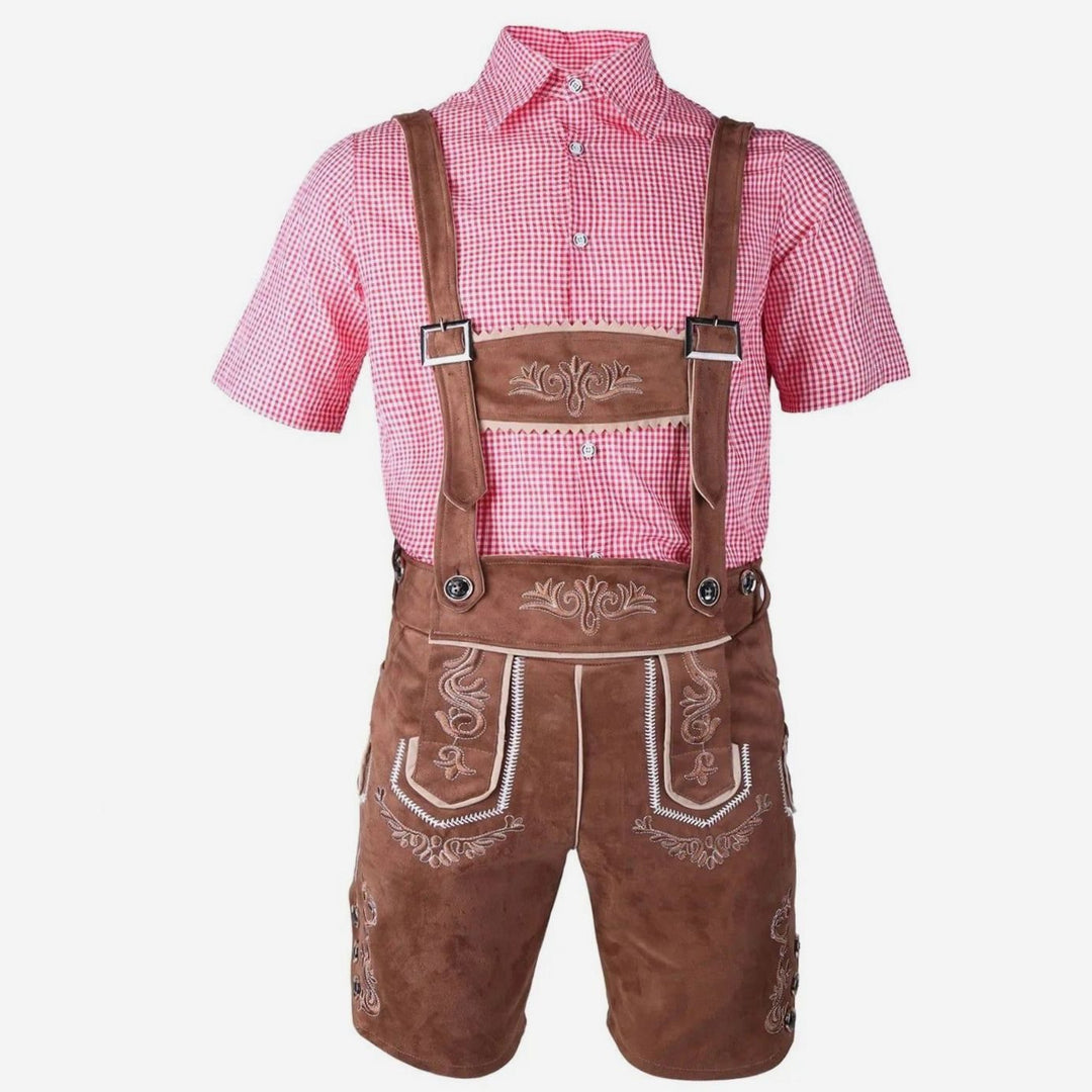 Herren Trachten-Komplettset Lederhose Kurzarmhemd Filzhut Oktoberfest - Kaffee/Rot-kariert (alternative Stickerei)