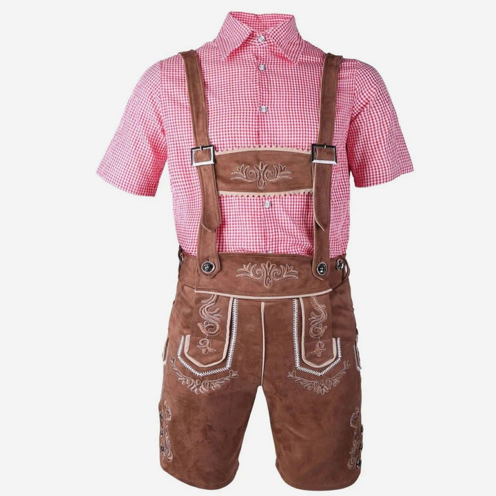 Herren Trachten-Komplettset Lederhose Kurzarmhemd Filzhut Oktoberfest - Kaffee/Rot-kariert (alternative Stickerei)