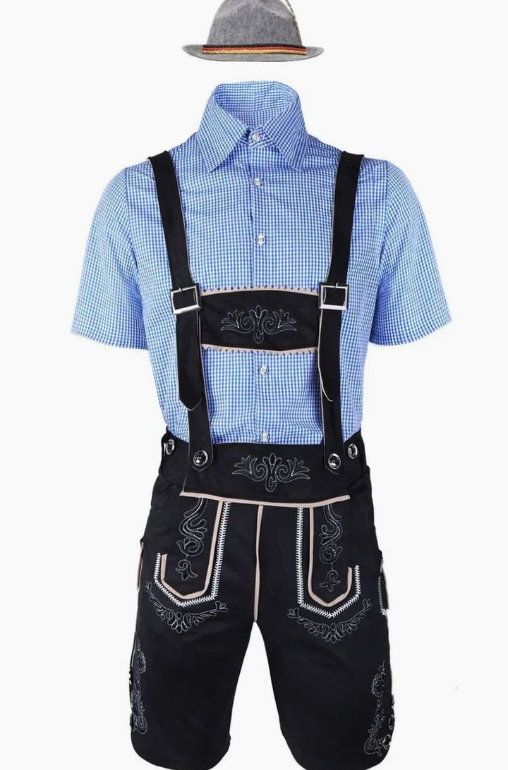 Herren Trachten-Komplettset Lederhose Kurzarmhemd Filzhut Oktoberfest - Schwarz/Blau-kariert