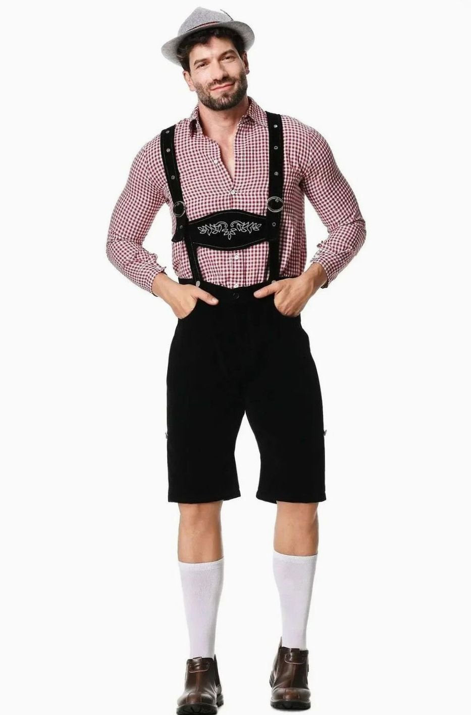 Herren Trachtenhemd Kariert Lederhose Oktoberfest Kostüm Set - Schwarz