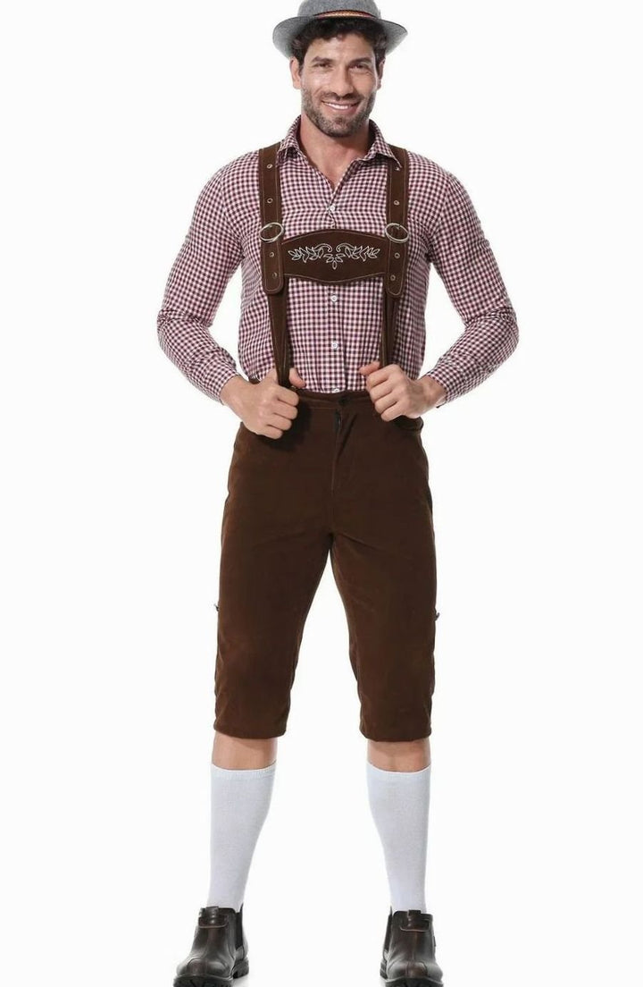 Herren Trachtenhemd Kariert Lederhose Oktoberfest Kostüm Set - Braun