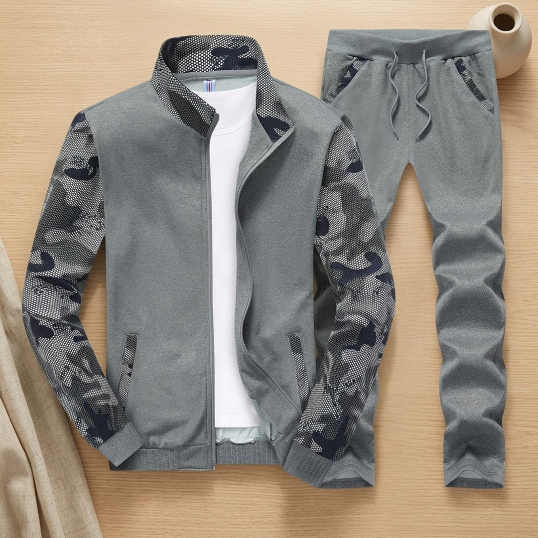 Herren Trainingsanzug Camouflage-Mesh Regular-Fit Reißverschluss - Dunkelgrau