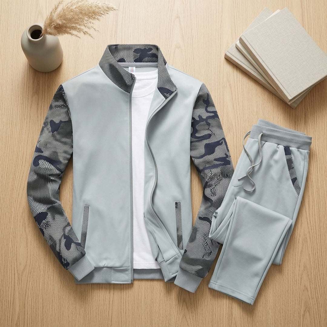 Herren Trainingsanzug Camouflage-Mesh Regular-Fit Reißverschluss - Hellgrau