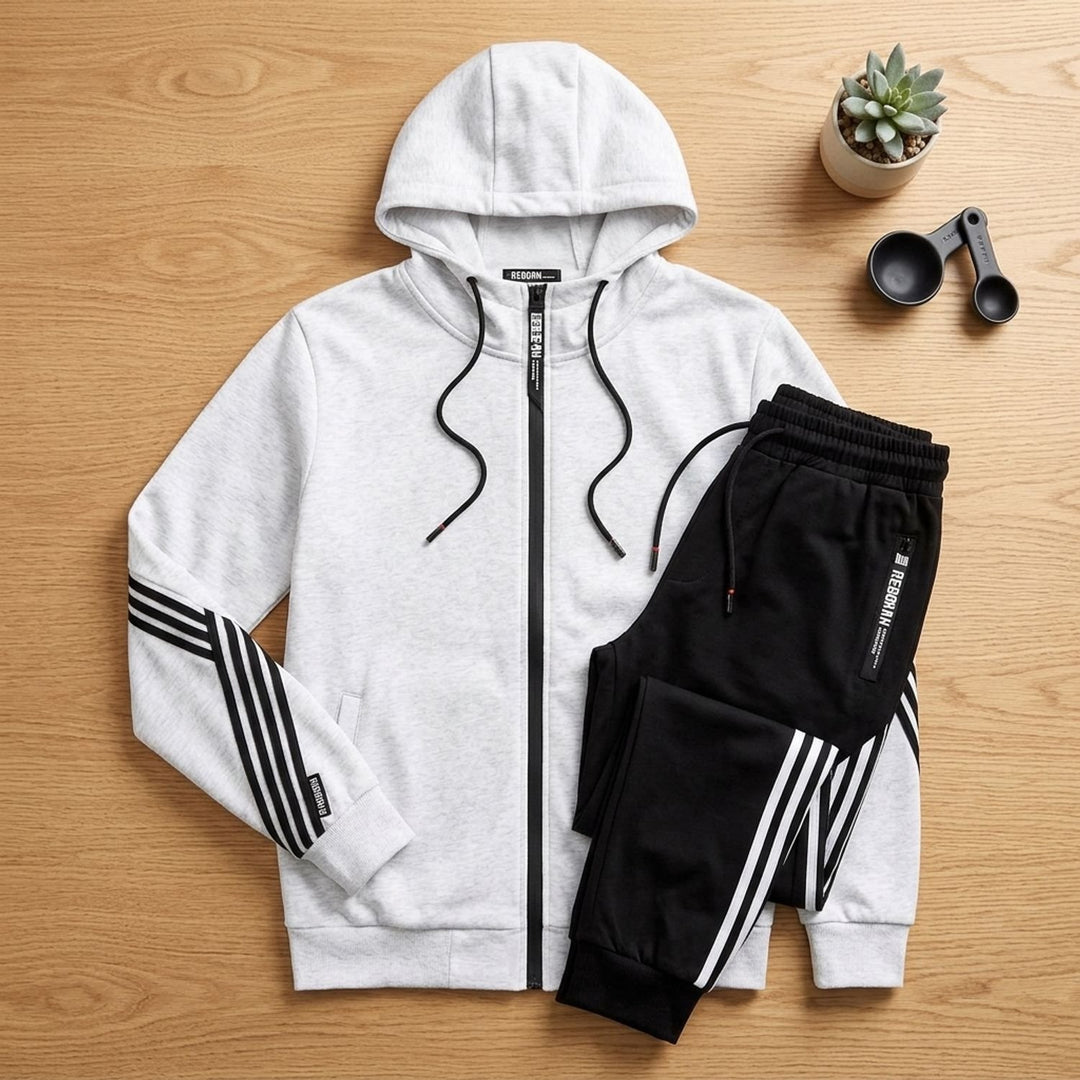 Herren Trainingsanzug Kapuzenjacke Jogginghose Set - Weiß