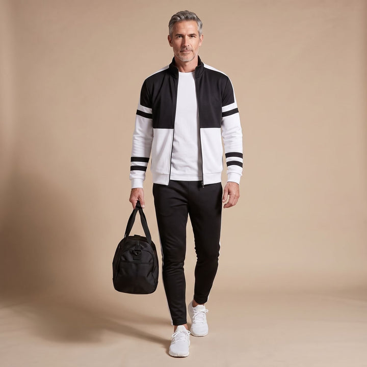 Herren Trainingsanzug Slim-Fit Jogginganzug mit Kontraststreifen - Weiß Schwarz