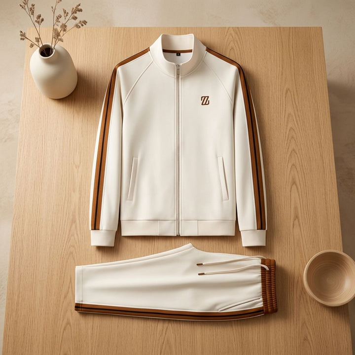 Herren Trainingsanzug Zweiteiliger Jogginganzug Stehkragen Streifenmuster - Beige
