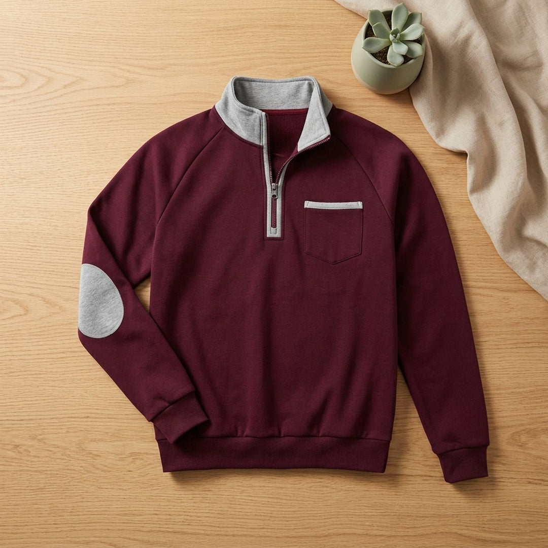 Herren Troyer Pullover Half Zip Stehkragen mit Brusttasche - Weinrot