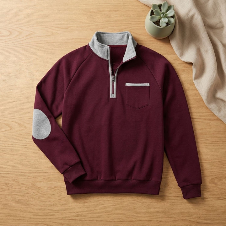 Herren Troyer Pullover Half Zip Stehkragen mit Brusttasche - Weinrot