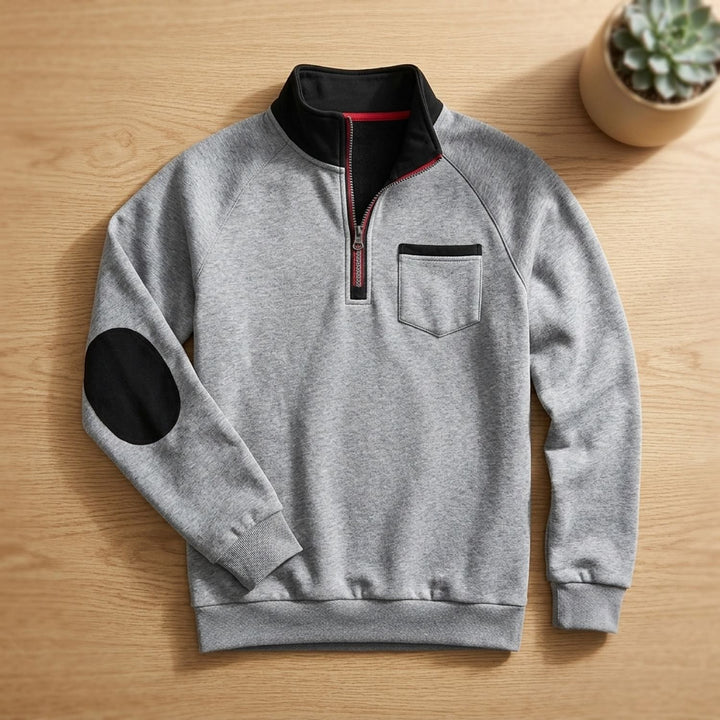 Herren Troyer Pullover Half Zip Stehkragen mit Brusttasche - Hellgrau