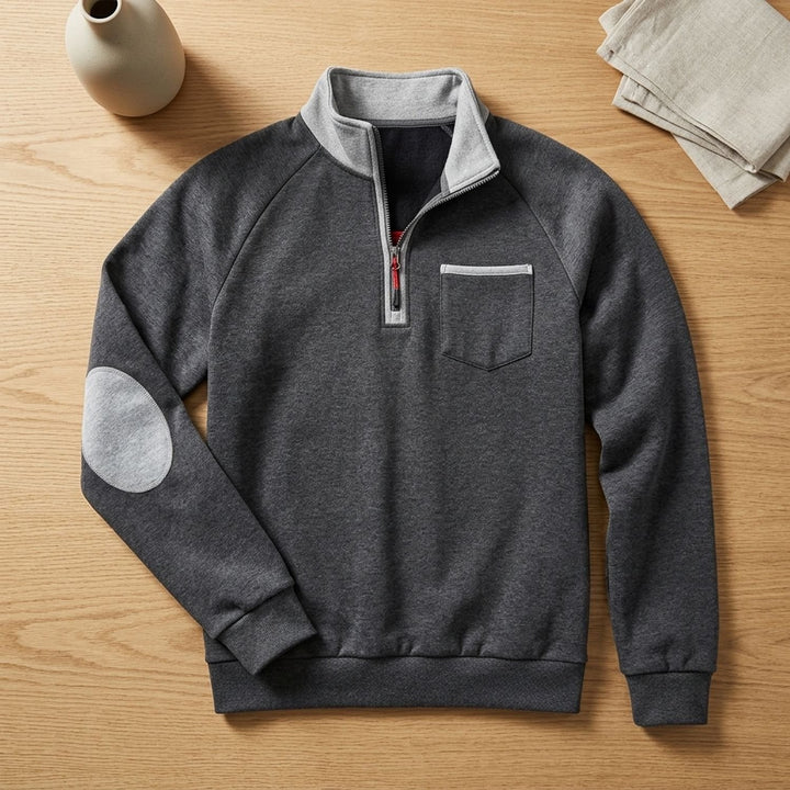Herren Troyer Pullover Half Zip Stehkragen mit Brusttasche - Dunkelgrau