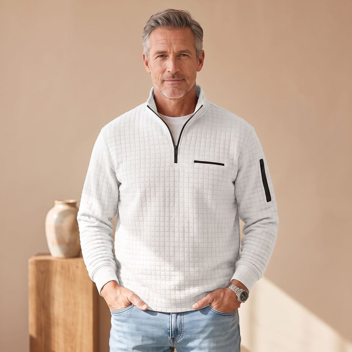 Herren Troyer Pullover Half Zip Strukturierter Stehkragen Sweater - Weiß