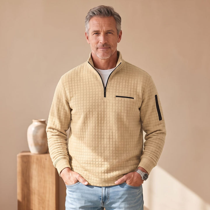 Herren Troyer Pullover Half Zip Strukturierter Stehkragen Sweater - Beige