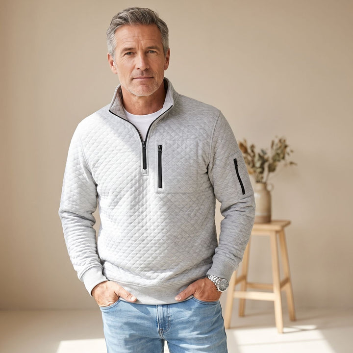 Herren Troyer Pullover Half Zip Strukturierter Stehkragen Sweater - Grau