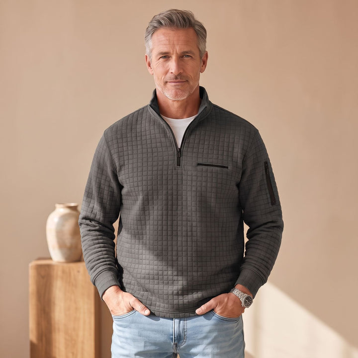 Herren Troyer Pullover Half Zip Strukturierter Stehkragen Sweater - Dunkelgrau