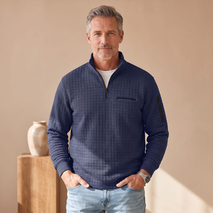 Herren Troyer Pullover Half Zip Strukturierter Stehkragen Sweater - Marineblau