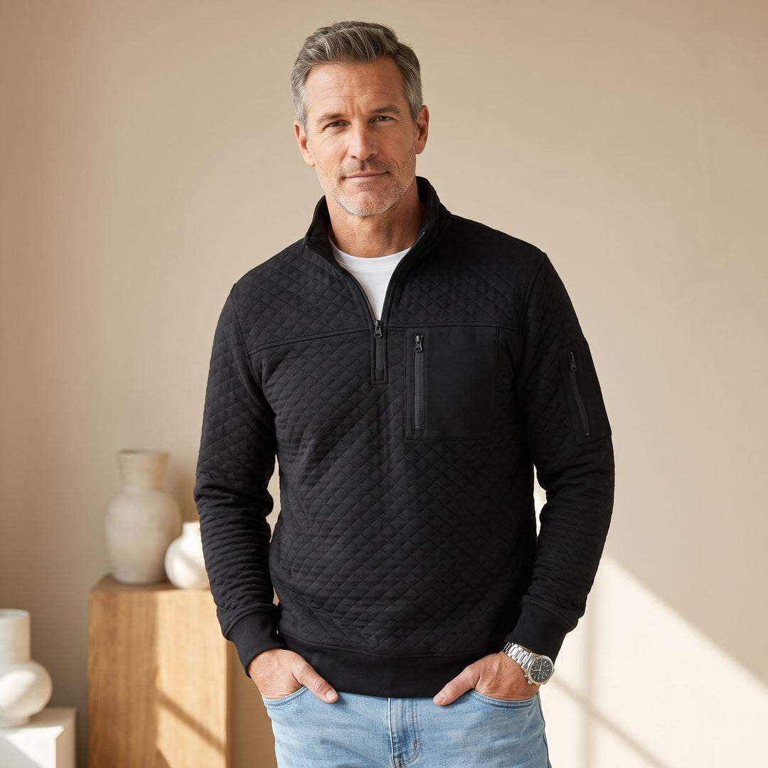 Herren Troyer Pullover Half Zip Strukturierter Stehkragen Sweater - Schwarz