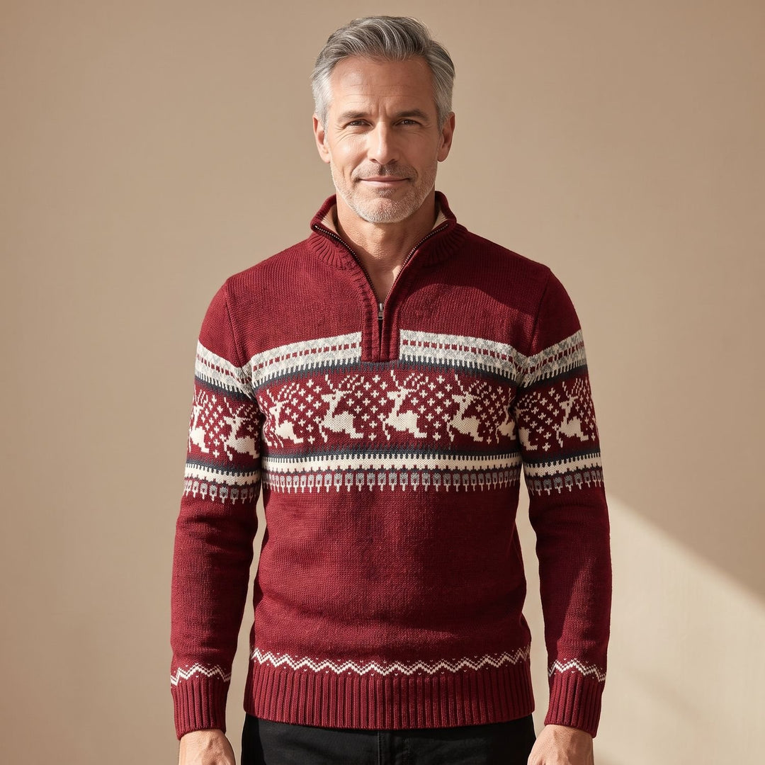 Herren Troyer Strickpullover Half-Zip Wintermotiv