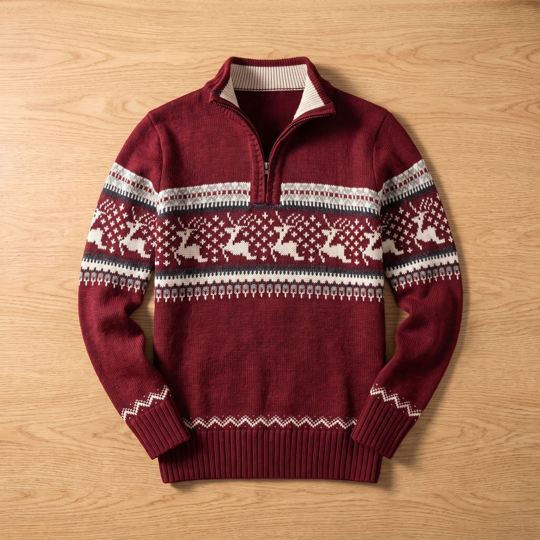 Herren Troyer Strickpullover Half-Zip Wintermotiv - Rot