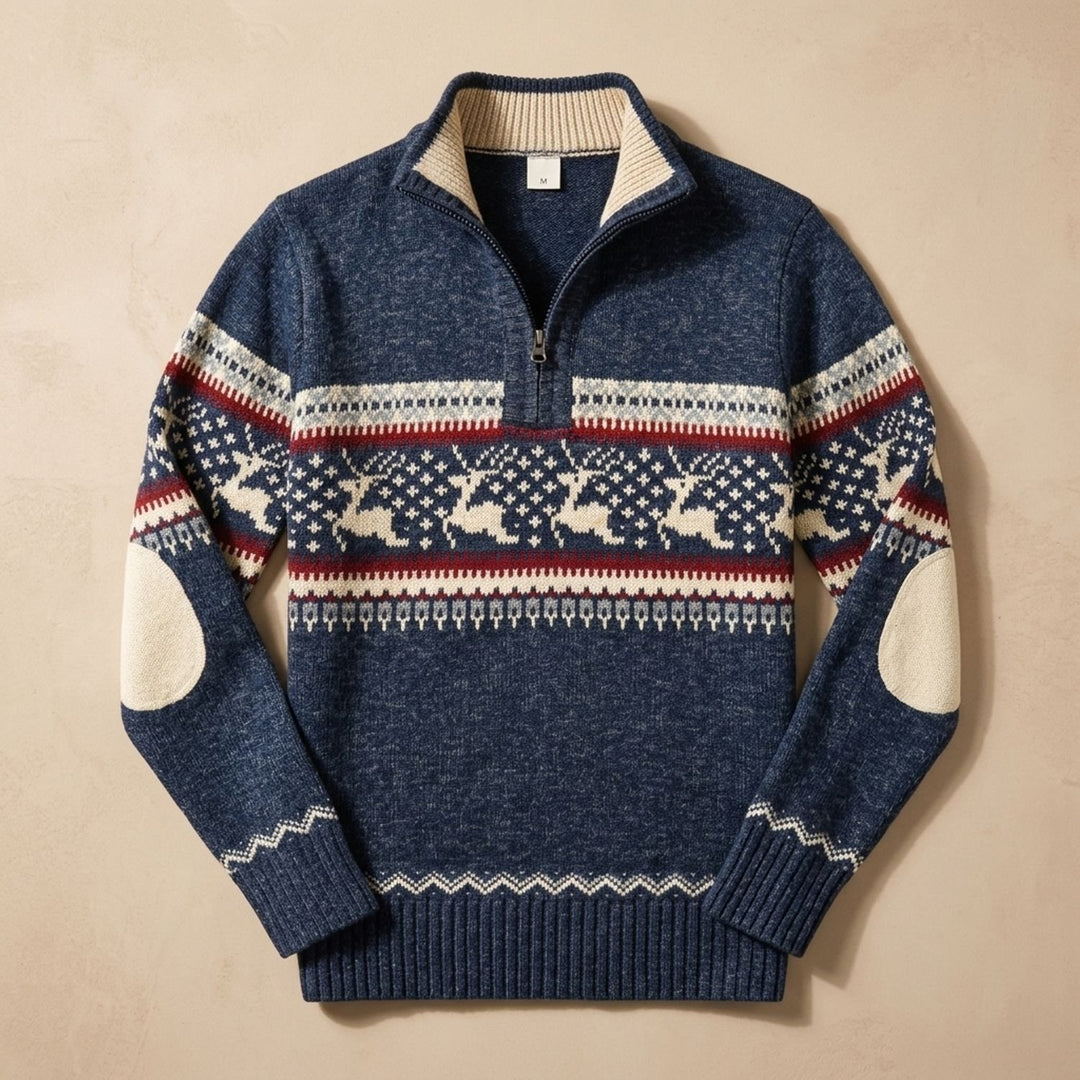 Herren Troyer Strickpullover Half-Zip Wintermotiv - Blau